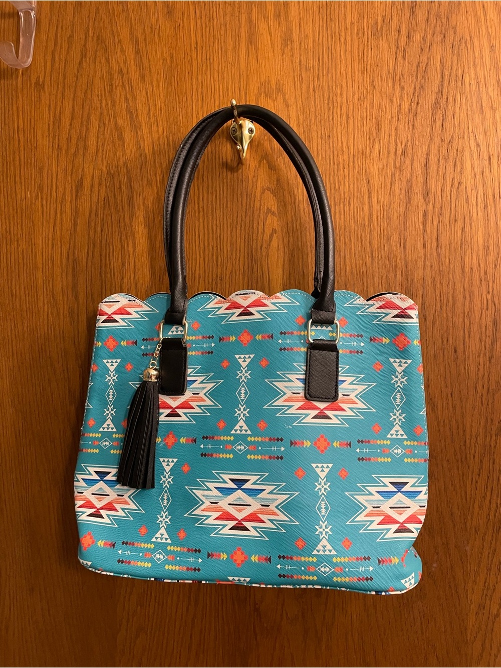 Turquoise Aztec Pattern Tote with Black Handles